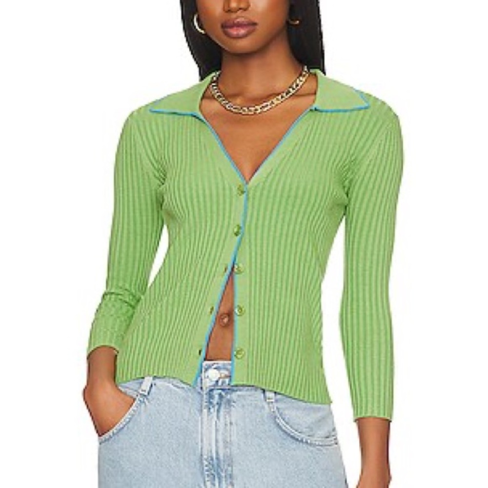 27 Miles Malibu Lime Green Ribbed Knit Sweater/Cardigan/Blouse